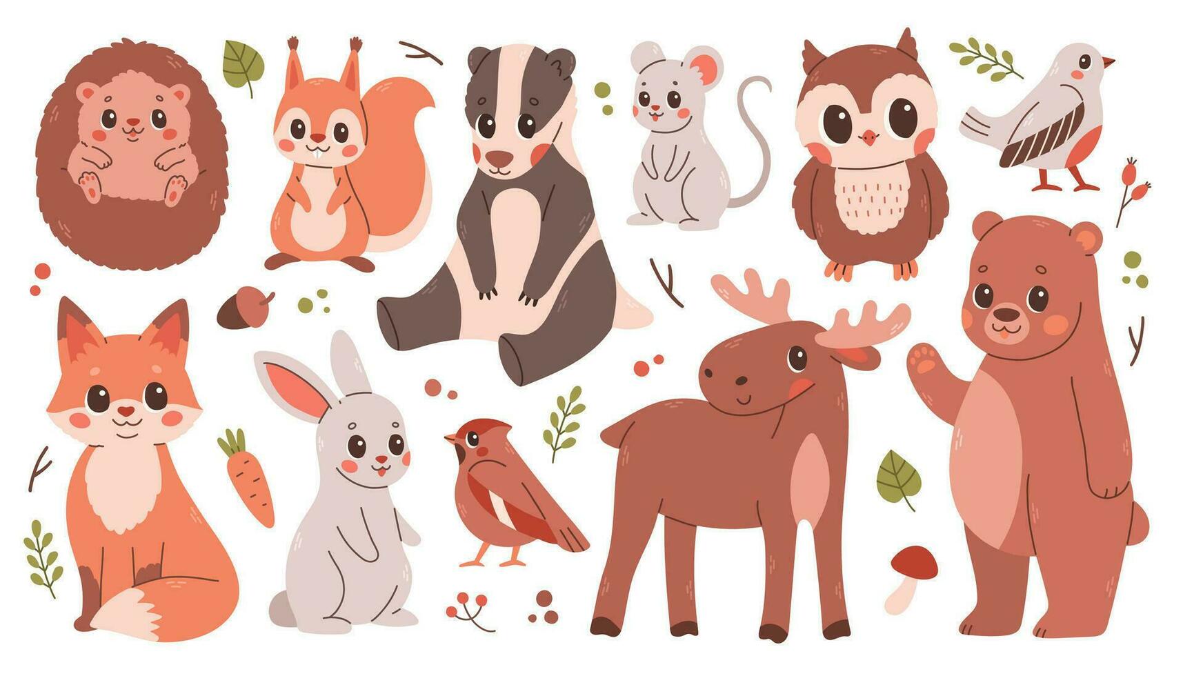 grande conjunto do fofa outono animais, pássaros, plantas. outono estação adesivos e clipart. Ação de graças Projeto em branco fundo. vetor ilustração