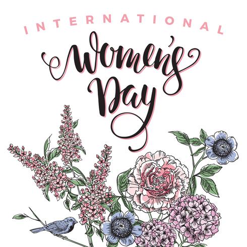 Dia Internacional da Mulher. Lettering design com flores vetor