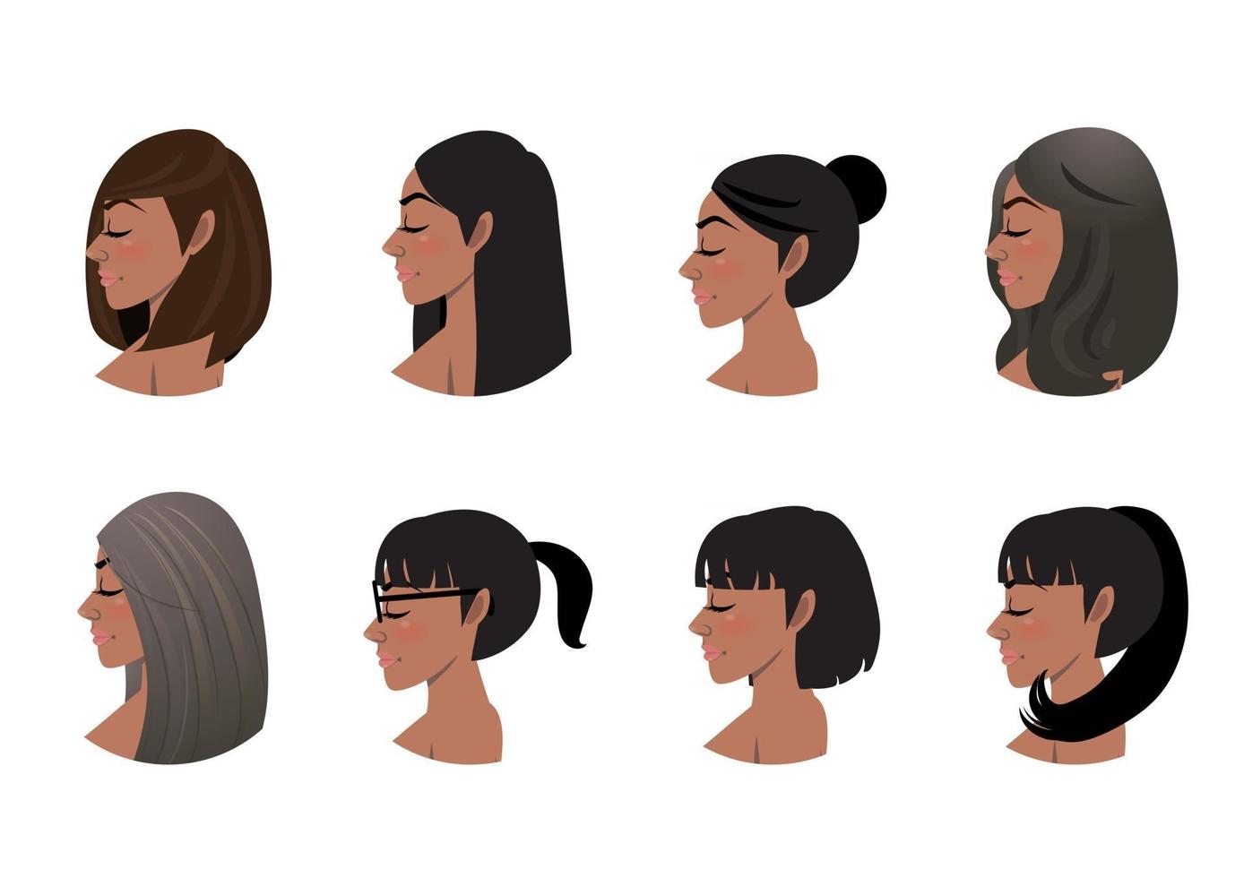 coleção de estilos de cabelo de mulheres afro-americanas. ilustração em vetor avatares com vista lateral de mulheres negras