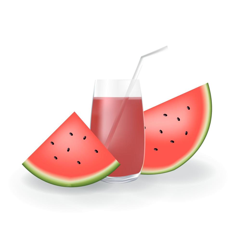 Ilustração de suco de fruta melancia realista em palha de vidro bebida orgânica saudável vetor