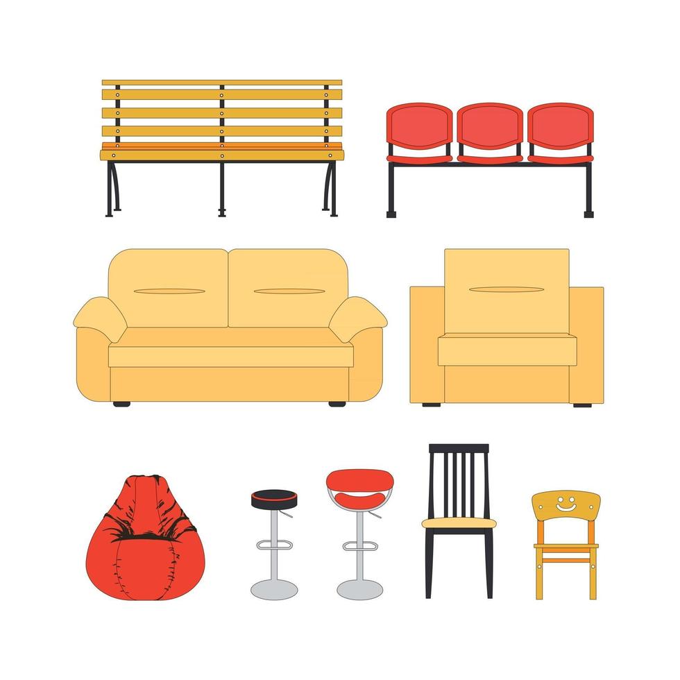 conjunto colorido de assentos. conjunto de ícones de cadeira de mobília moderna e sofá. vetor. ilustração vetor