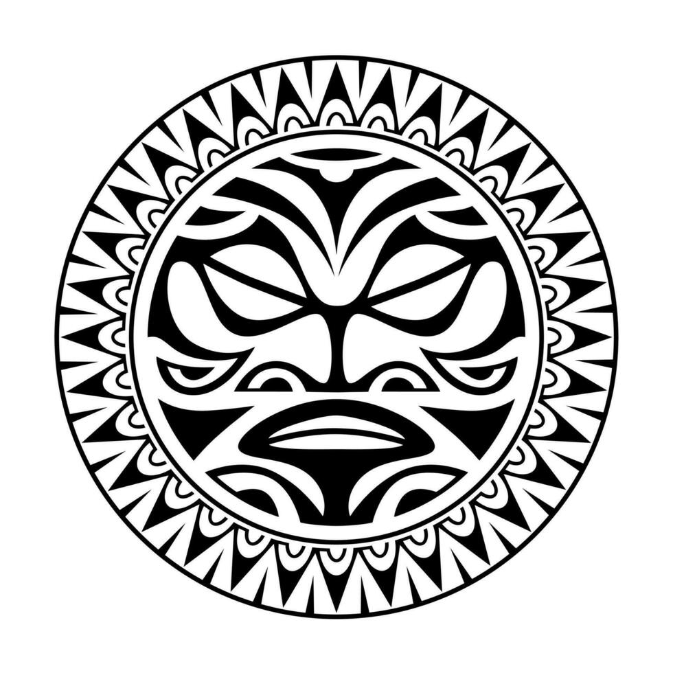 volta tatuagem enfeite com Sol face maori estilo. africano, astecas ou maia étnico mascarar. Preto e branco. vetor