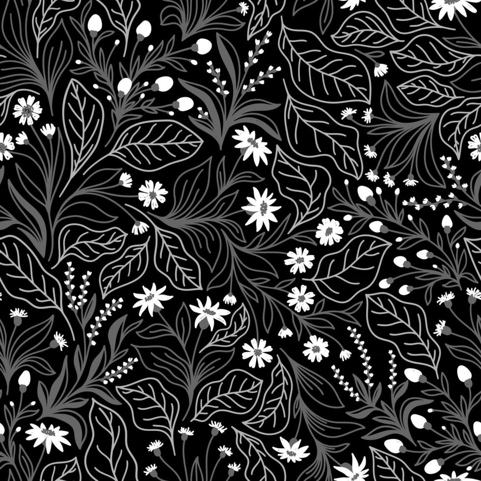 fundo preto sem costura com flores brancas e folhas cinza vetor