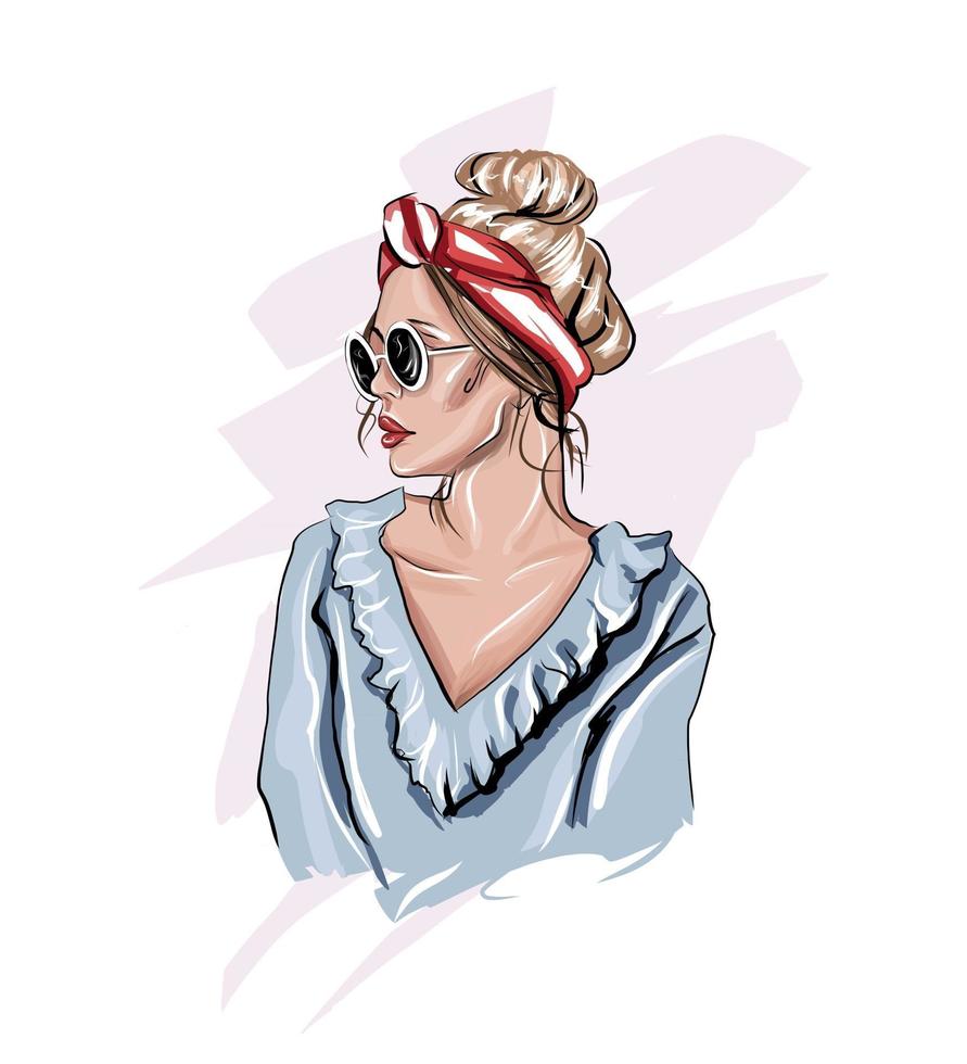 mulher jovem e bonita em óculos de sol. menina elegante com uma faixa vermelha. aparência feminina na moda, desenho colorido, realista. ilustração vetorial de tintas vetor