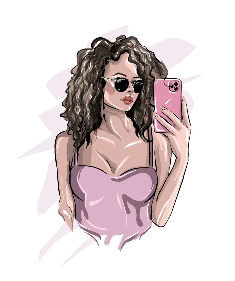 mulher jovem e bonita tirando foto de selfie no telefone inteligente. fotos de selfie nas redes sociais, desenho colorido, realista. ilustração vetorial de tintas vetor