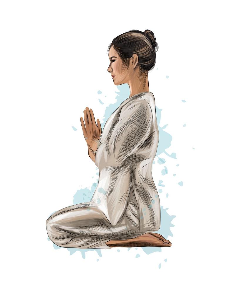 mulher abstrata meditando com respingos de aquarelas. lotus yoga pose fitness. ilustração vetorial de tintas vetor