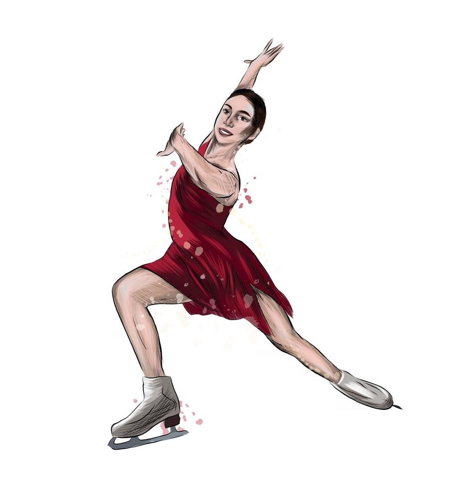 menina de patinação artística do esporte de inverno abstrato do respingo de aquarelas. ilustração em vetor de tintas.