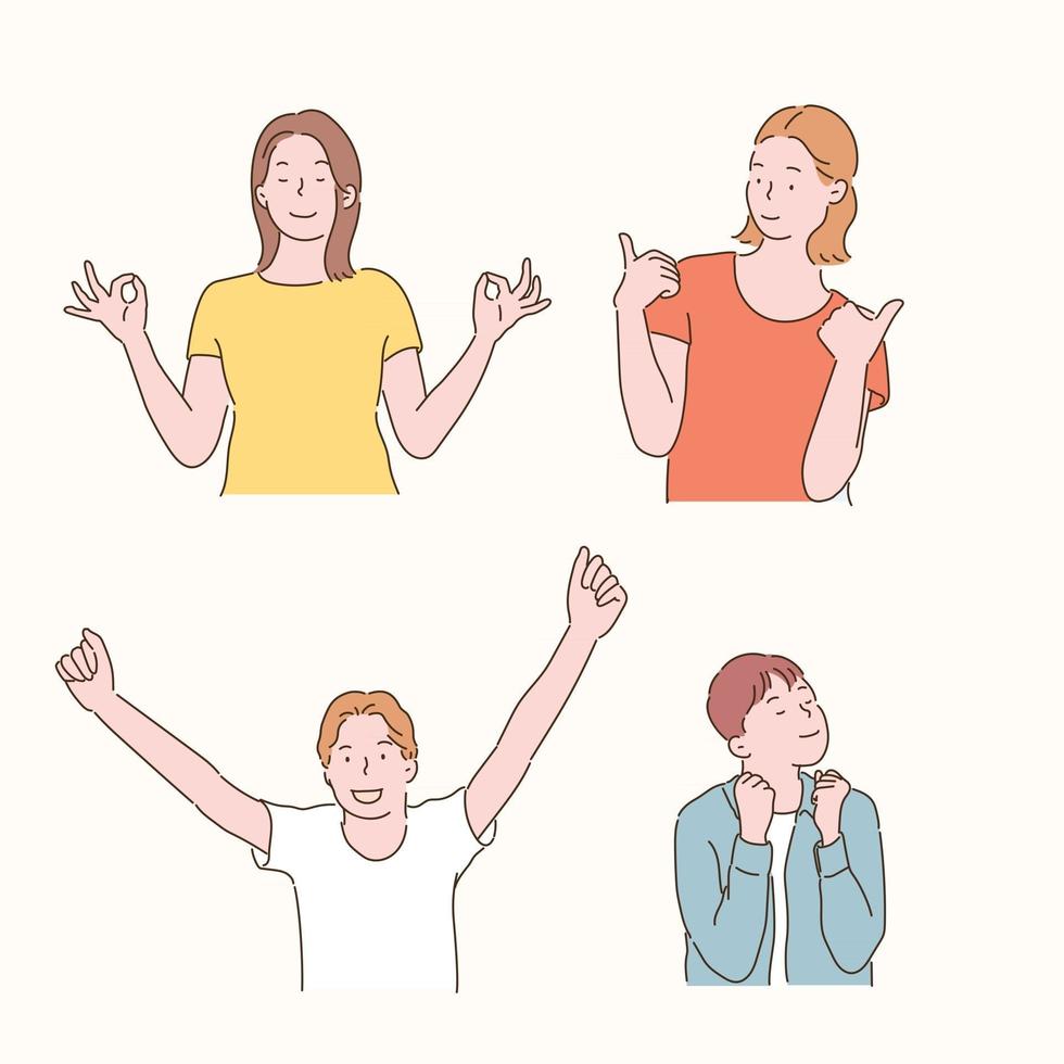 as pessoas estão fazendo gestos positivos. mão desenhada estilo ilustrações vetoriais. vetor