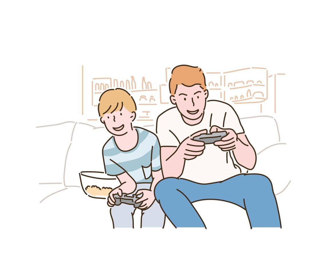 pai e filho estão jogando videogame juntos. mão desenhada estilo ilustrações vetoriais. vetor