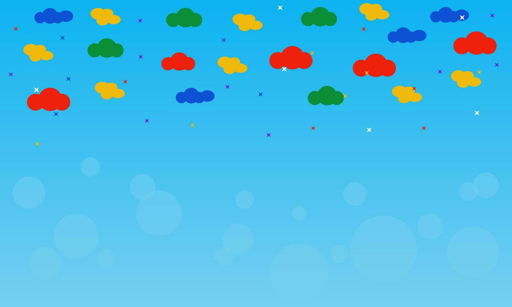 colorida nuvens e brilhos isolado em azul céu fundo com bolhas vetor
