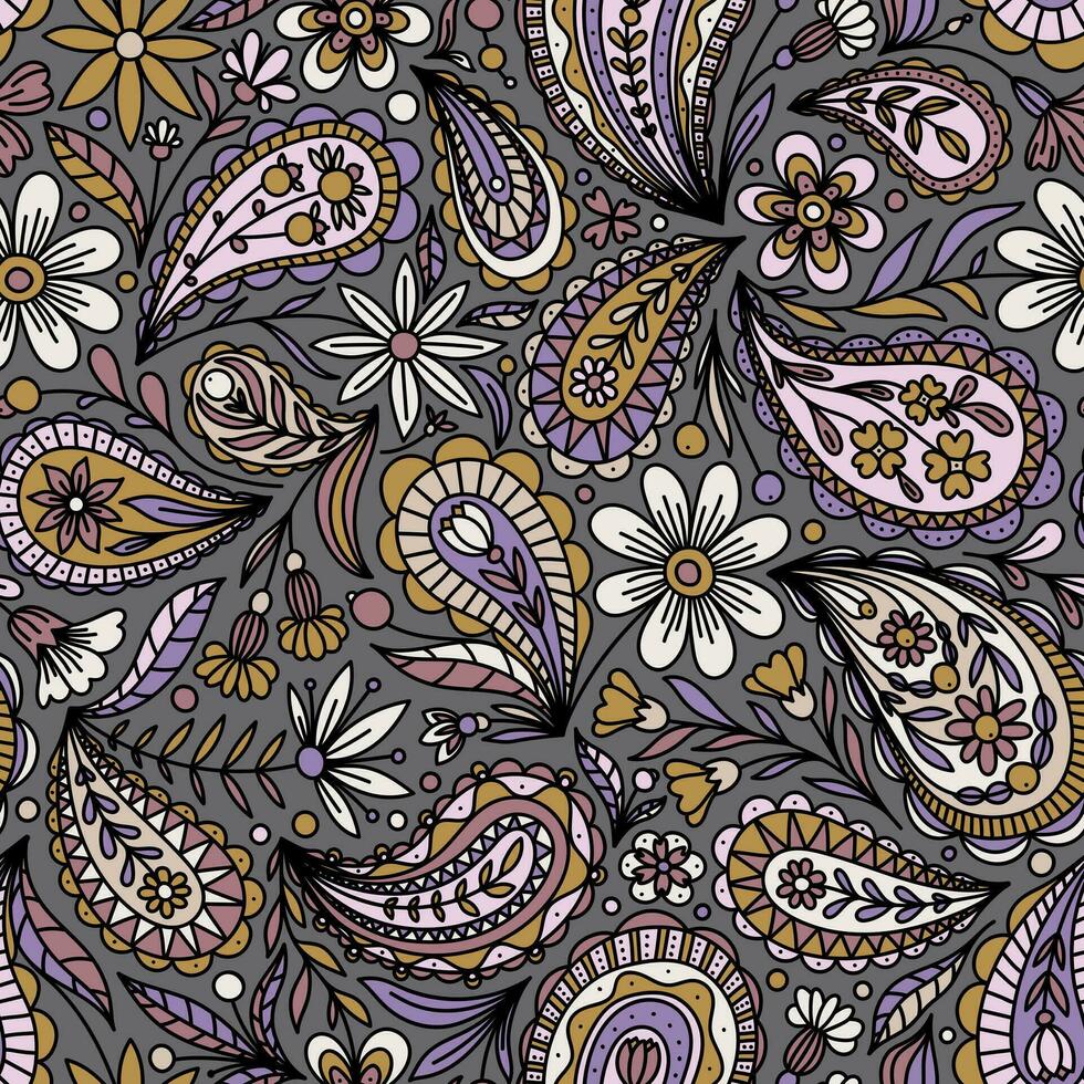 Sombrio cinzento vetor desatado fundo com multicolorido floral paisley enfeite