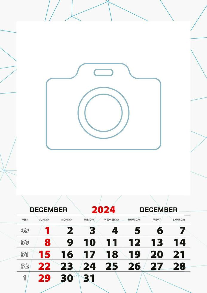 parede calendário planejador modelo para dezembro 2024, semana começa em Domingo. vetor