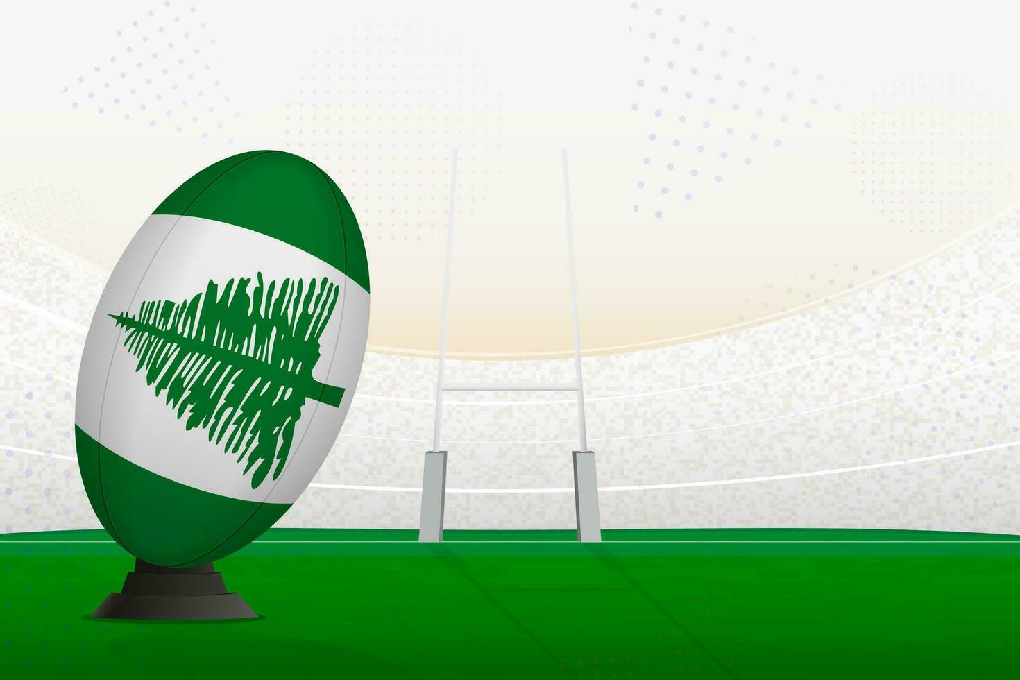 Norfolk ilha nacional equipe rúgbi bola em rúgbi estádio e objetivo Postagens, preparando para uma multa ou livre chute. vetor