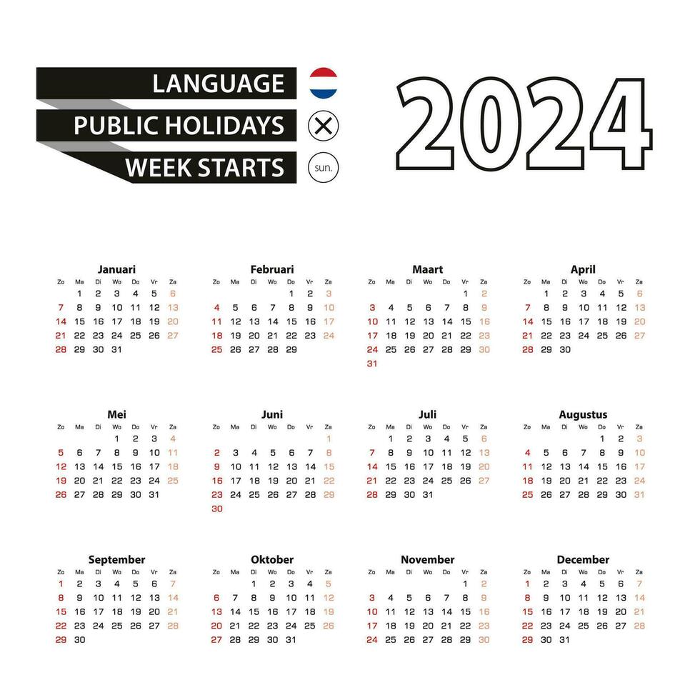 2024 calendário dentro holandês linguagem, semana começa a partir de Domingo. vetor