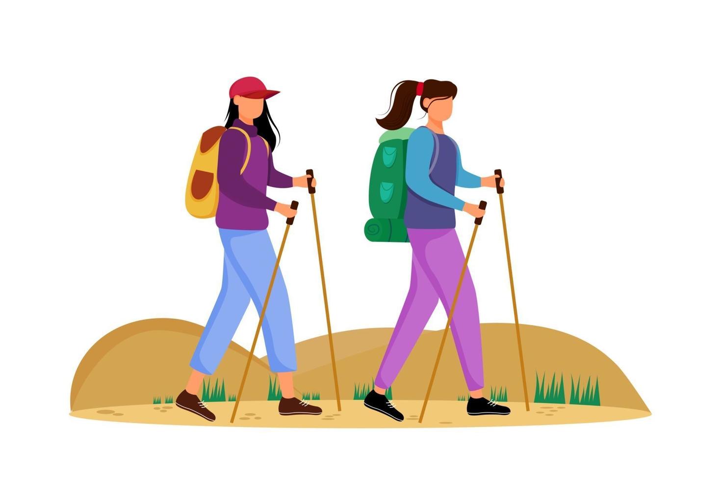 ilustração em vetor plana turismo orçamento. atividade de caminhada. escolha de viagem barata. férias ativas. mulheres jovens em uma viagem na montanha. passeio a pé isolado personagem de desenho animado em fundo branco