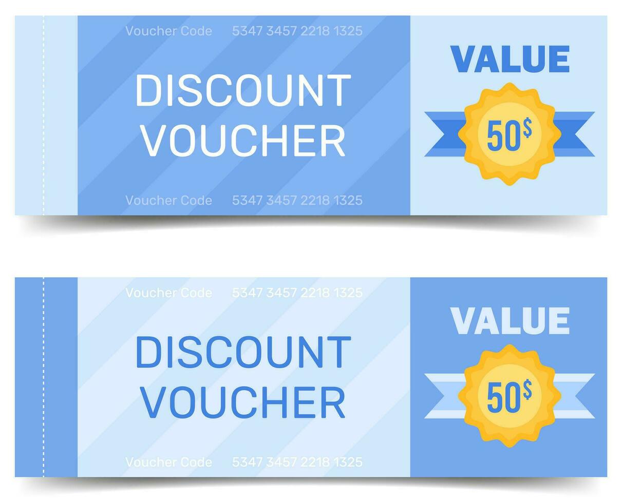 conjunto do desconto vouchers dentro azul cores horizontal modelo. cupom certificado valor 50. USD vetor