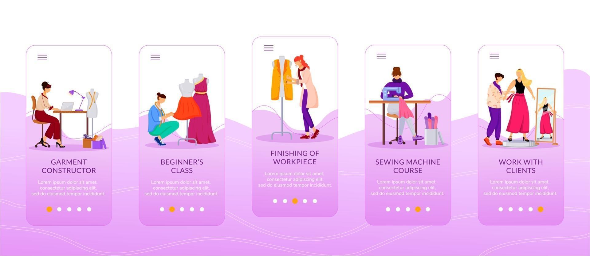 cursos de moda onboarding modelo de vetor plano tela de aplicativo móvel. iniciantes, aula de máquina de costura. passo a passo do site com personagens. ux, ui, interface de desenho animado de smartphone gui, conjunto de estampas de capa