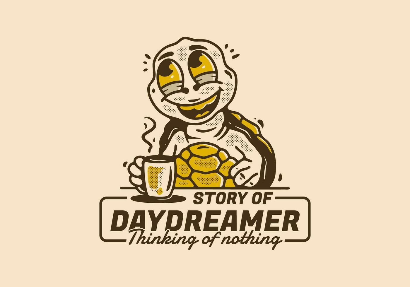sonhador pensando do nada, mascote personagem do tartaruga beber uma café enquanto sonhando acordado vetor