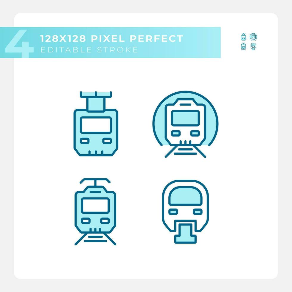 passageiro trem pixel perfeito azul rgb cor ícones definir. vapor locomotiva. trilho transporte. Alto velocidade. isolado vetor ilustrações. simples preenchidas linha desenhos coleção. editável acidente vascular encefálico