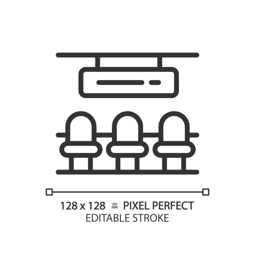 esperando corredor pixel perfeito linear ícone. estrada de ferro estação. passageiro terminal assentos. aeroporto saguão. saída portão. fino linha ilustração. contorno símbolo. vetor esboço desenho. editável acidente vascular encefálico