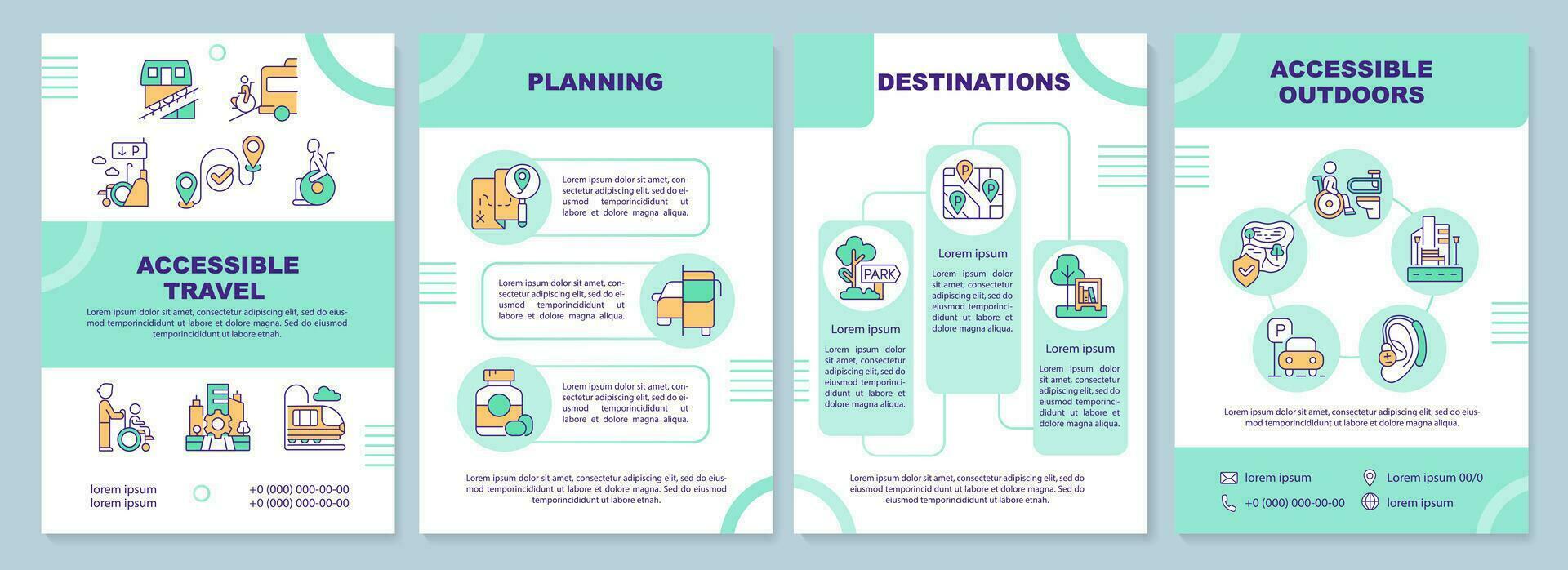 acessível viagem verde folheto modelo. estrada viagem. folheto Projeto com linear ícones. editável 4 vetor layouts para apresentação, anual relatórios