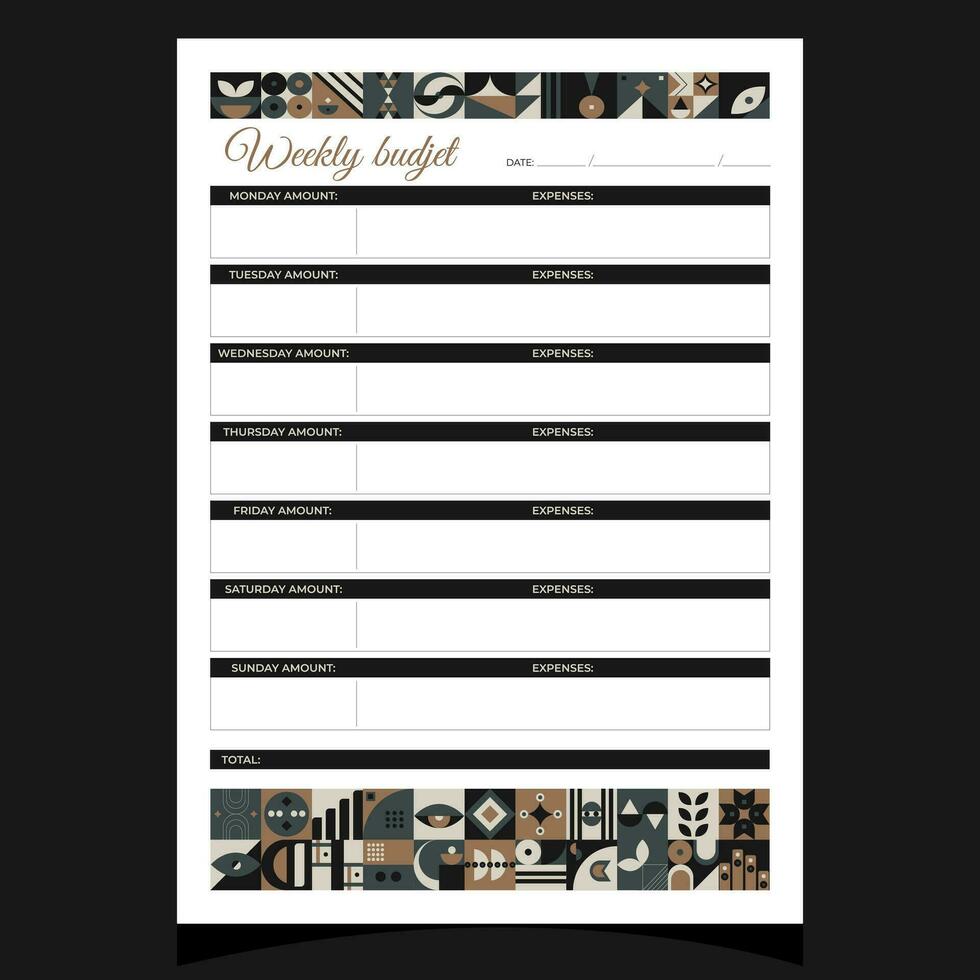 semanal orçamento geométrico. semanal orçamento imprimível modelo com geométrico formas. em branco branco caderno página a4. vetor ilustração.