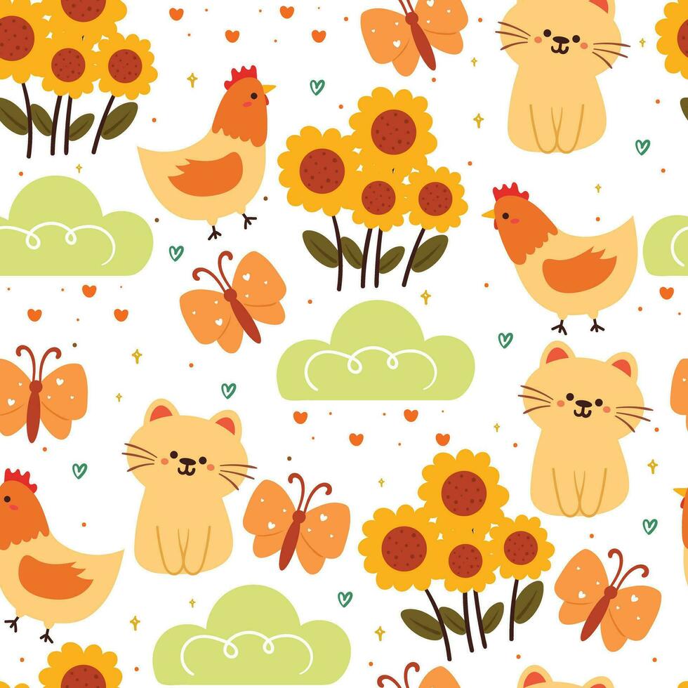 desatado padronizar desenho animado gato, frango, borboleta com plantar e flor. fofa animal papel de parede para têxtil, presente embrulho papel vetor