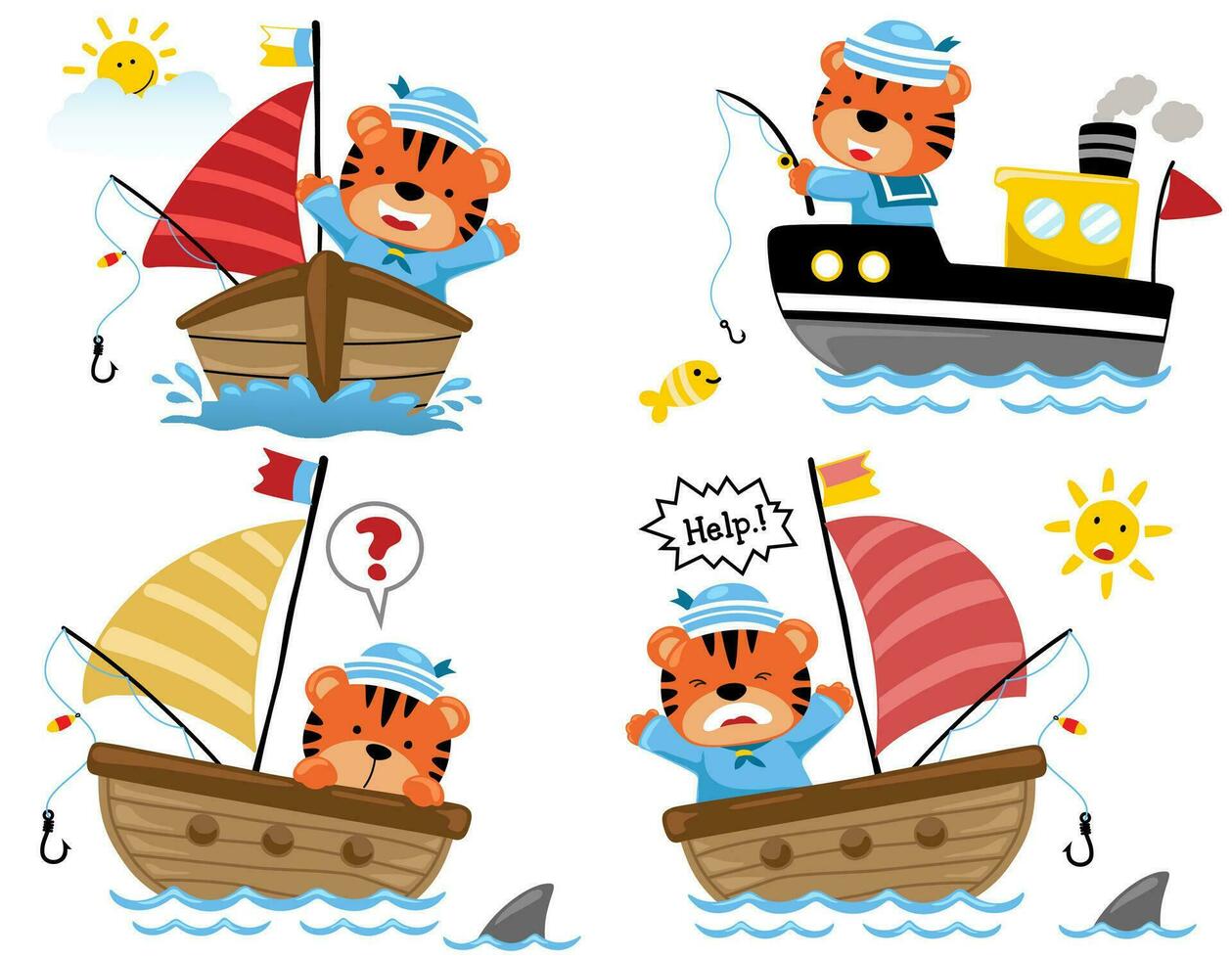 conjunto do engraçado gato desenho animado pescaria em barco vetor