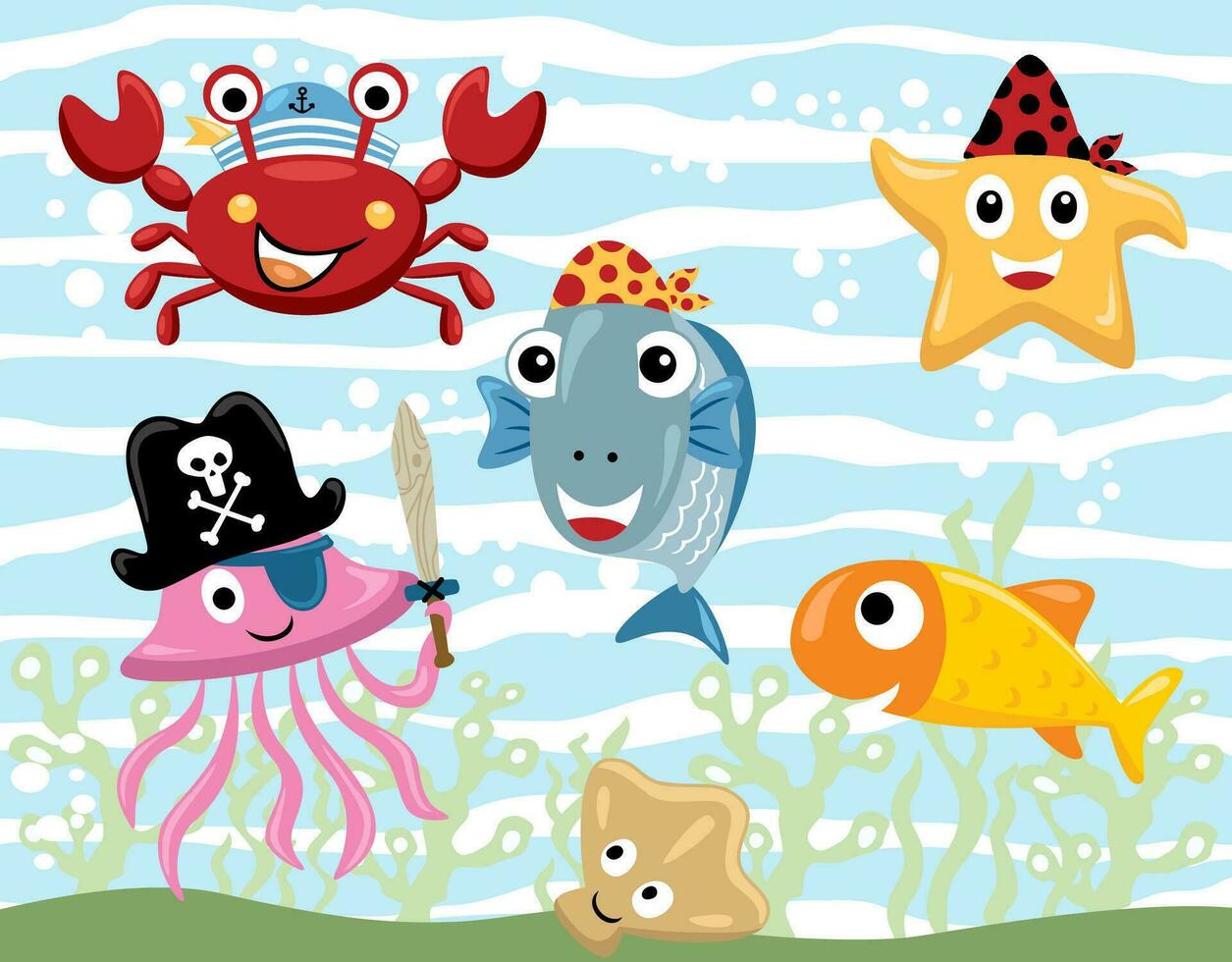 grupo do engraçado marinho animais desenho animado com pirata traje vetor