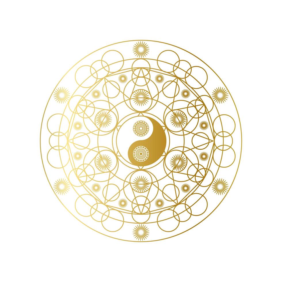 mandala dourada brilhante com sinal de yin yang isolado vetor