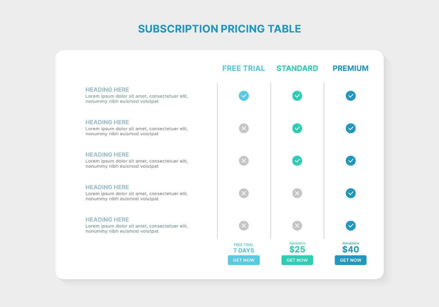 inscrição precificação mesa pacotes comparação infográfico modelo com 3 planos vetor