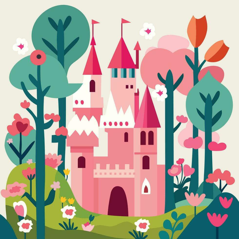 desenho animado Rosa castelo fada conto terra vetor
