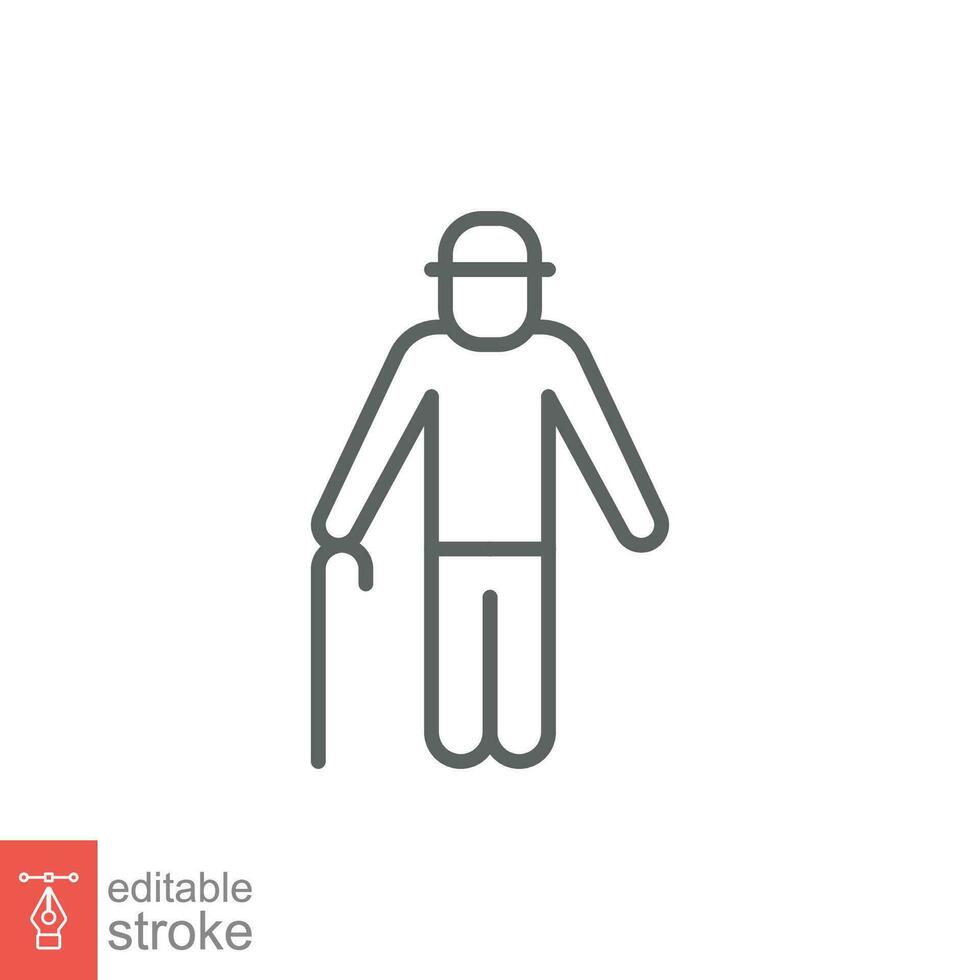 velho homem ícone. simples esboço estilo. pessoa com bengala, grudar, mais velho idade, avô, Senior pessoas conceito. fino linha símbolo. vetor ilustração isolado em branco fundo. editável acidente vascular encefálico eps 10.