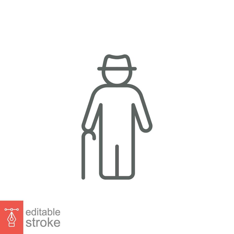 velho homem ícone. simples esboço estilo. pessoa com bengala, grudar, mais velho idade, avô, Senior pessoas conceito. fino linha símbolo. vetor ilustração isolado em branco fundo. editável acidente vascular encefálico eps 10.