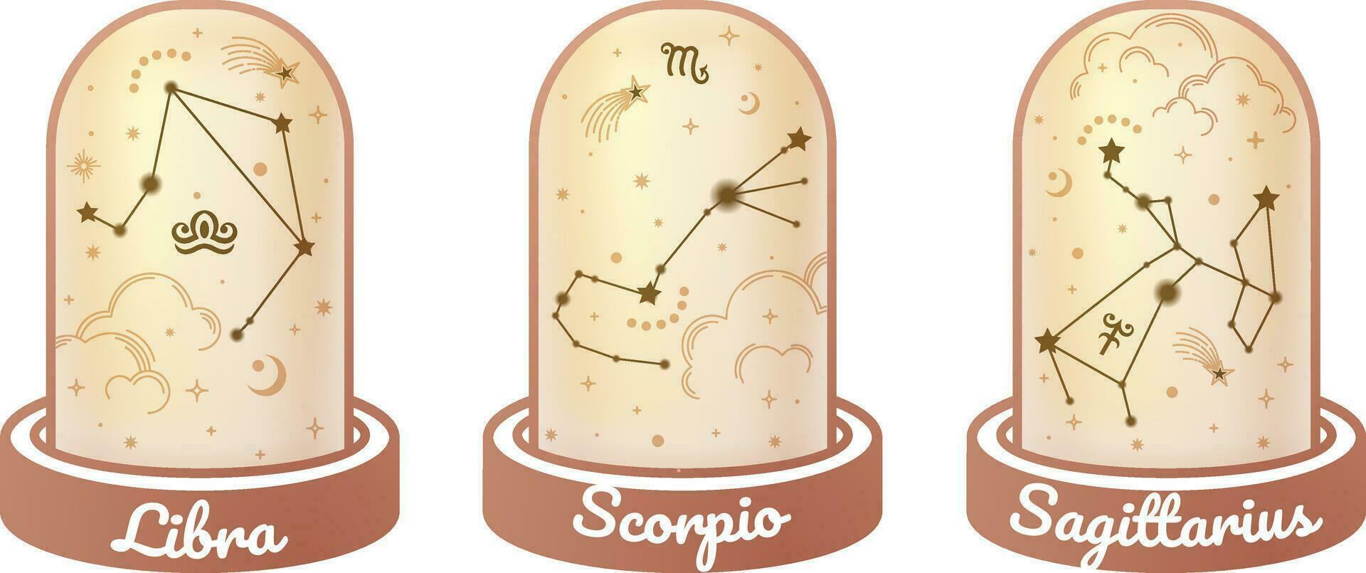 Libra, Escorpião, e Sagitário zodíaco símbolos e Estrela sinais constelação simples estilos cercado de dourado nuvem, lua, estrelas, e poeira estelar dentro a Magia jarra, esotérico, e boho estilos. vetor