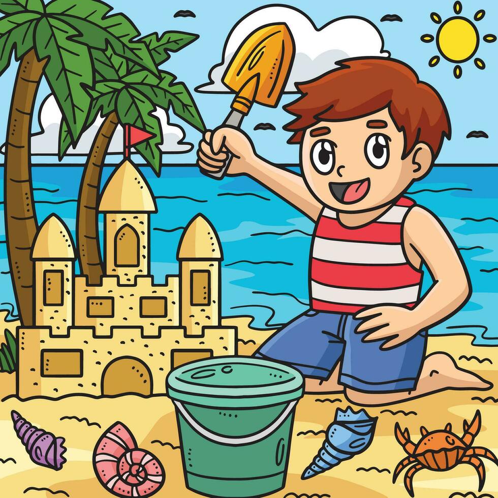 verão criança construção areia castelo colori desenho animado vetor