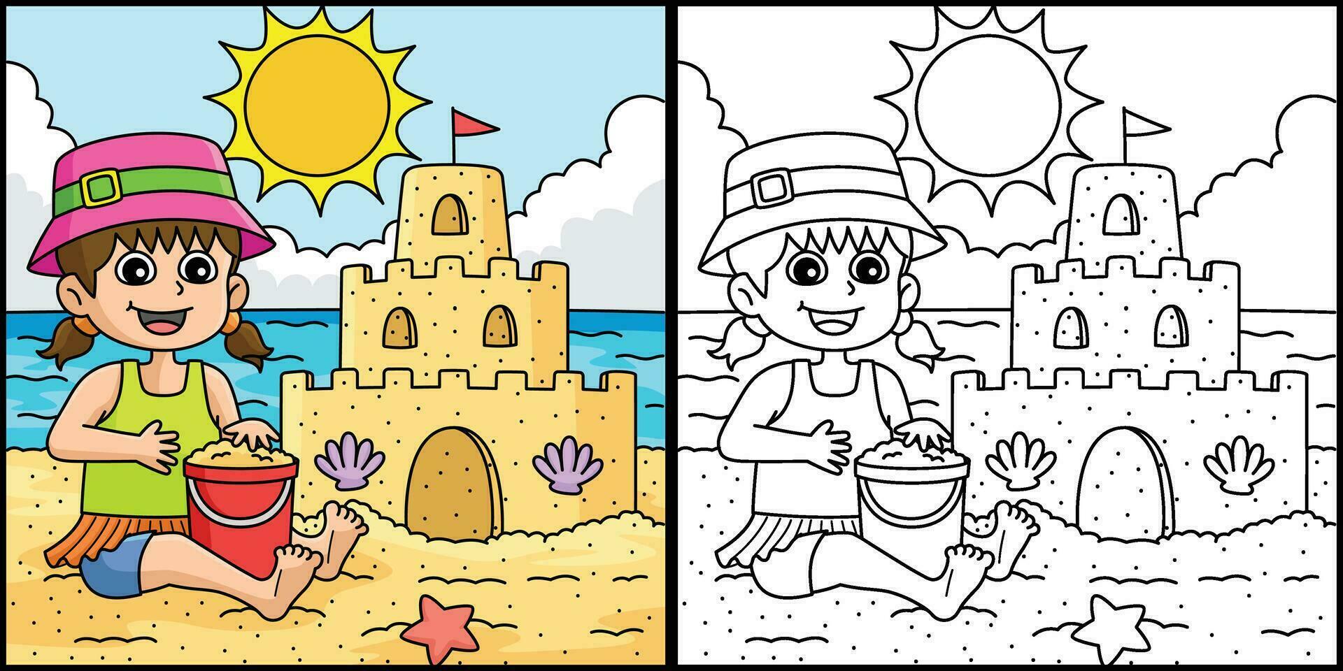 menina construção uma Castelo de Areia verão ilustração vetor