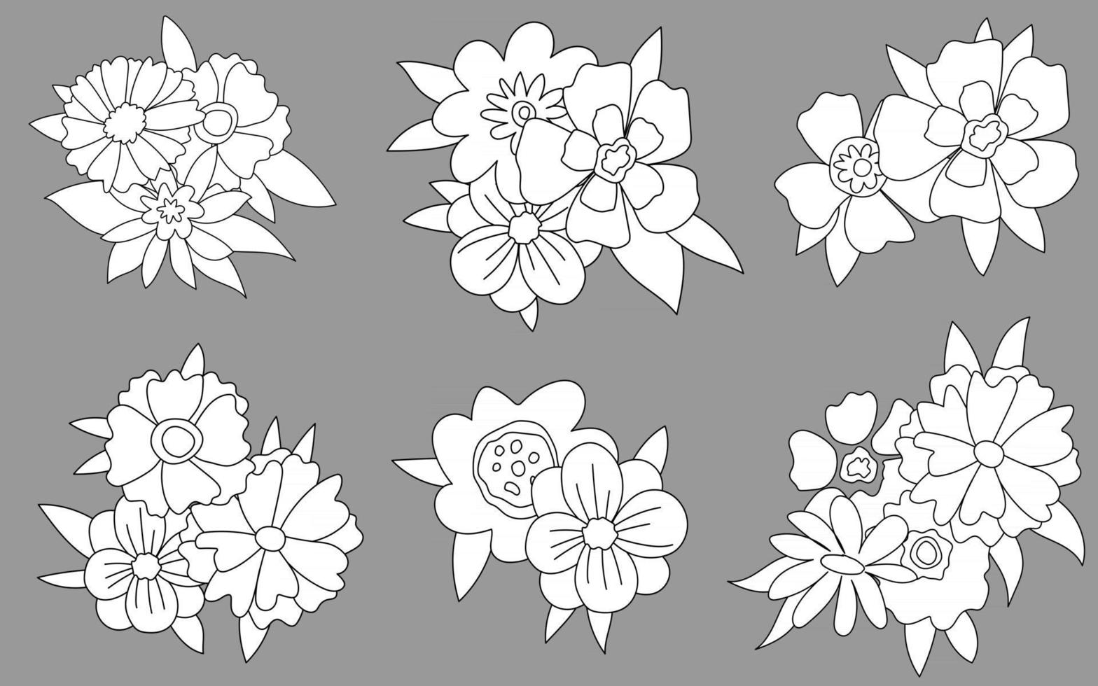 Doodles fofos flores linha preto e branco conjunto de ilustrações vetoriais desenhadas à mão esboço para tatuagem vetor