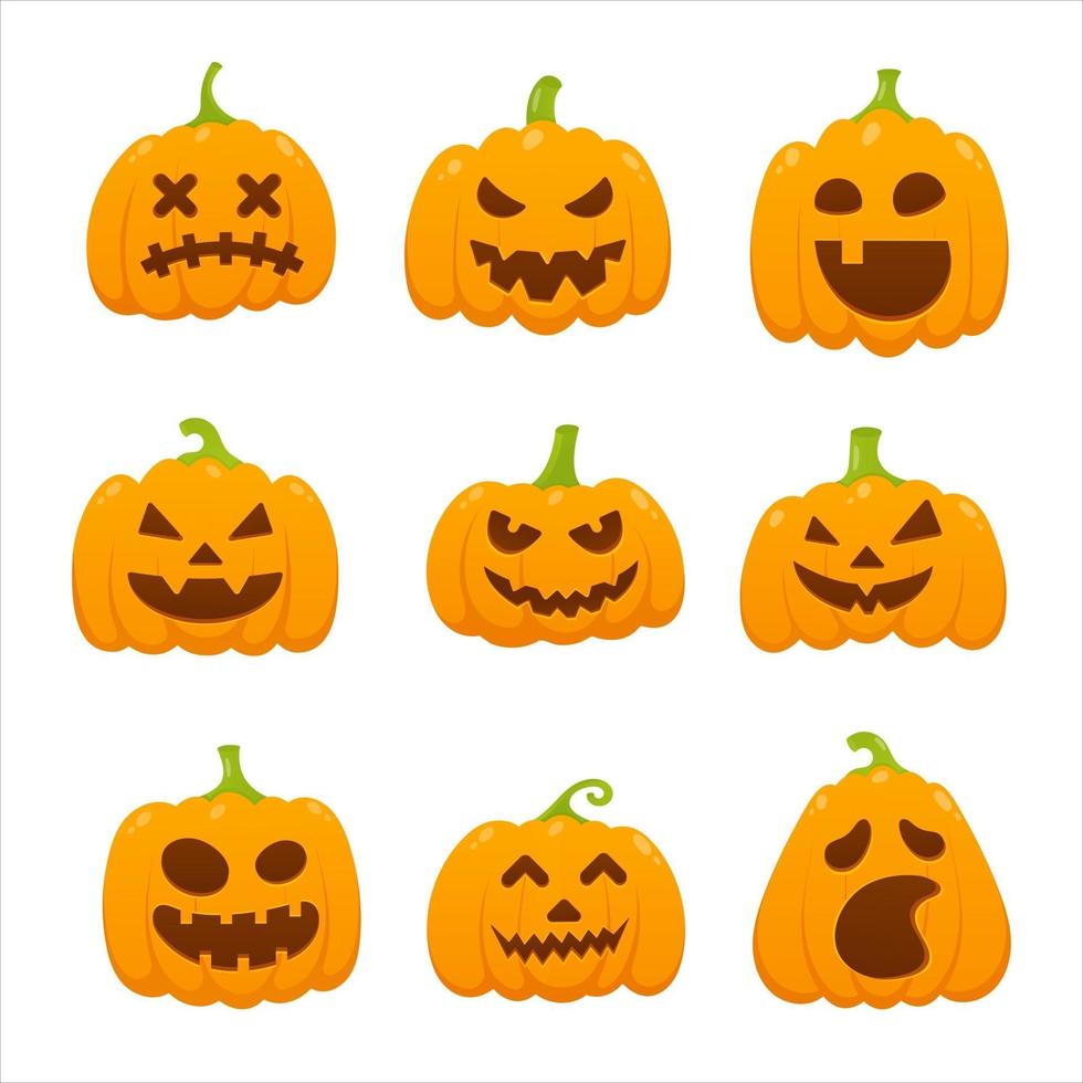9 abóboras laranja de halloween com uma careta de expressão de rosto assustador vetor