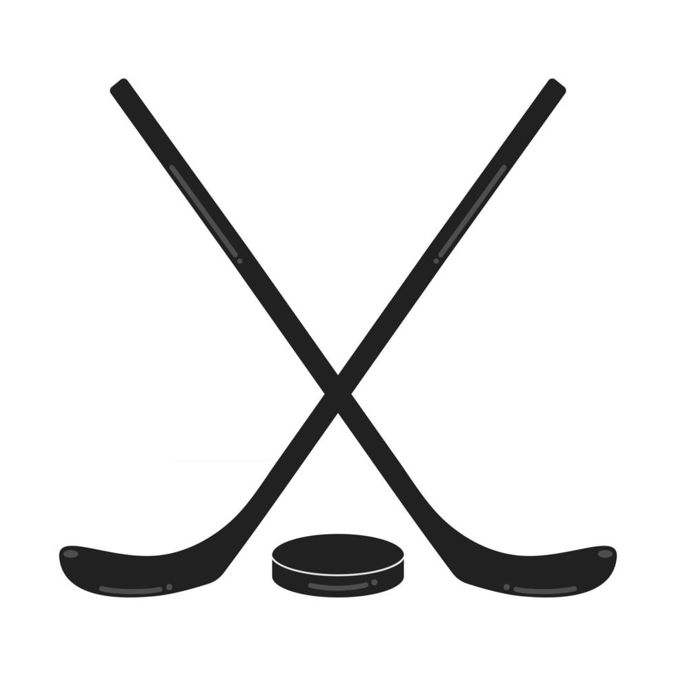 dois tacos de hóquei pretos e os sinais de ícones de ilustração de vetor de composição de design de estilo plano puck isolados no fundo branco. símbolos do jogo de esporte hóquei no gelo.