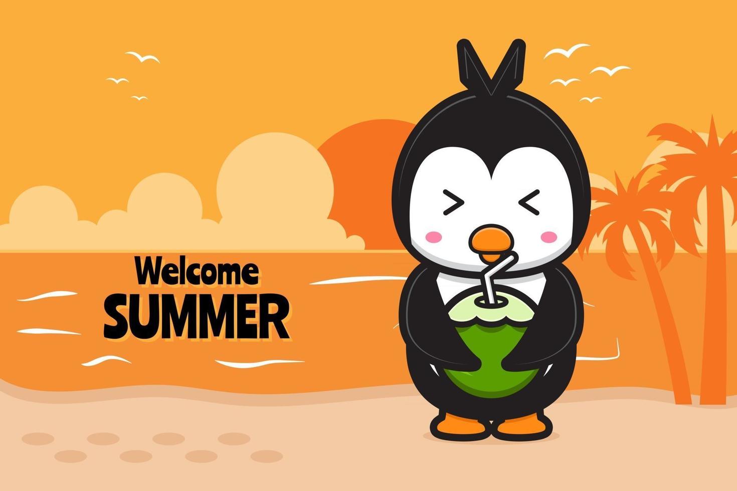 Pinguim fofo beber coco com uma ilustração de ícone de vetor de desenho de banner de saudação de verão