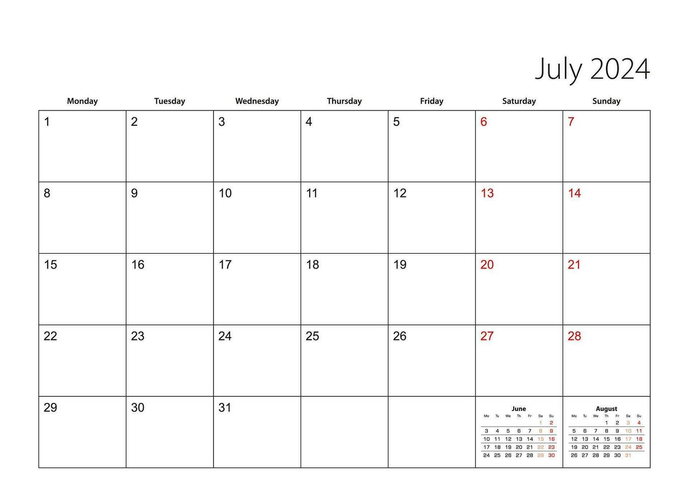 Julho 2024 simples calendário planejador, semana começa a partir de segunda-feira. vetor