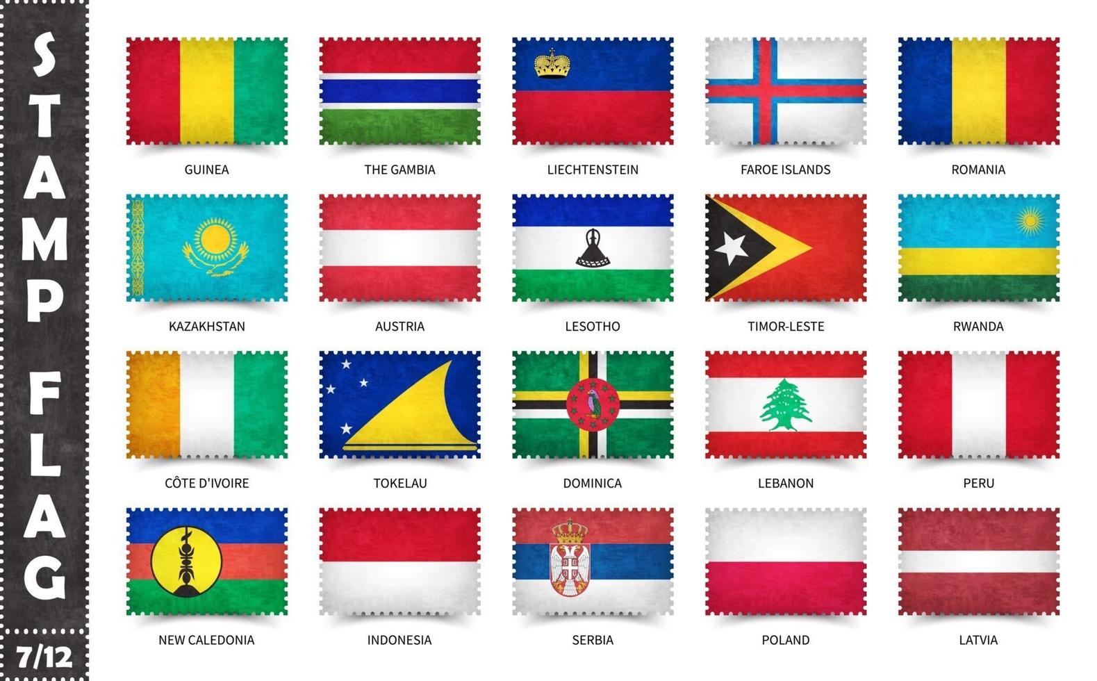 carimbo com o padrão de bandeira oficial do país e o antigo nome de textura e países do grunge. forma de retângulo. vetor. conjunto 7 de 12 nesta série todas as bandeiras nacionais do mundo. vetor