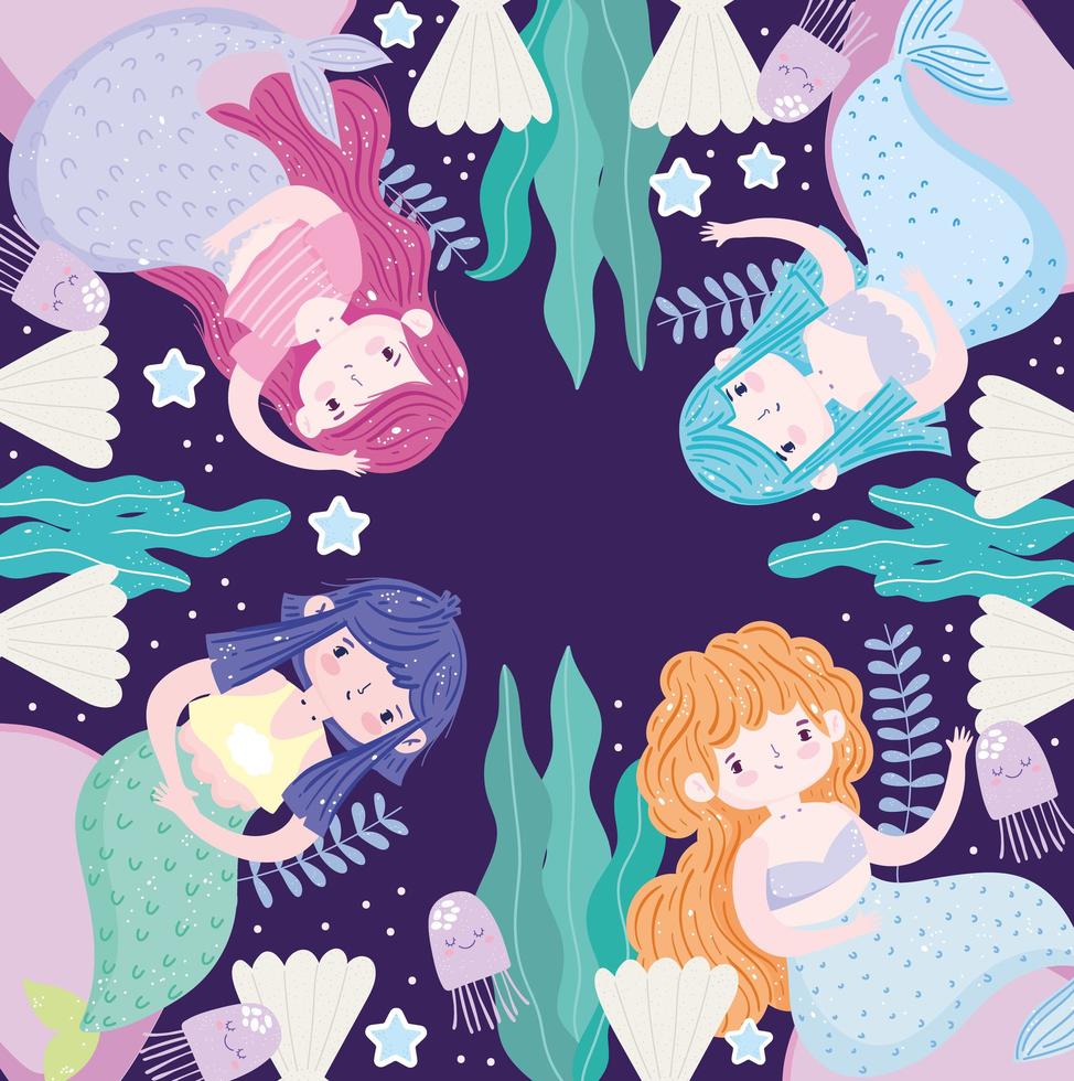 desenhos animados sereias lindas conchas de algas subaquáticas vetor