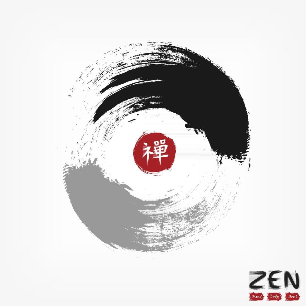 símbolo do círculo yin e yang. estilo sumi e design de pintura em aquarela de tinta. selo circular vermelho com caligrafia kanji. chinês. japonês. tradução do alfabeto que significa zen. ilustração vetorial. vetor