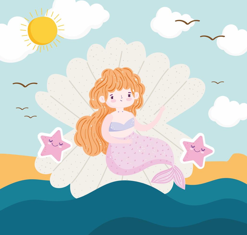 sereia sentada na concha estrela do mar praia oceano desenho animado vetor