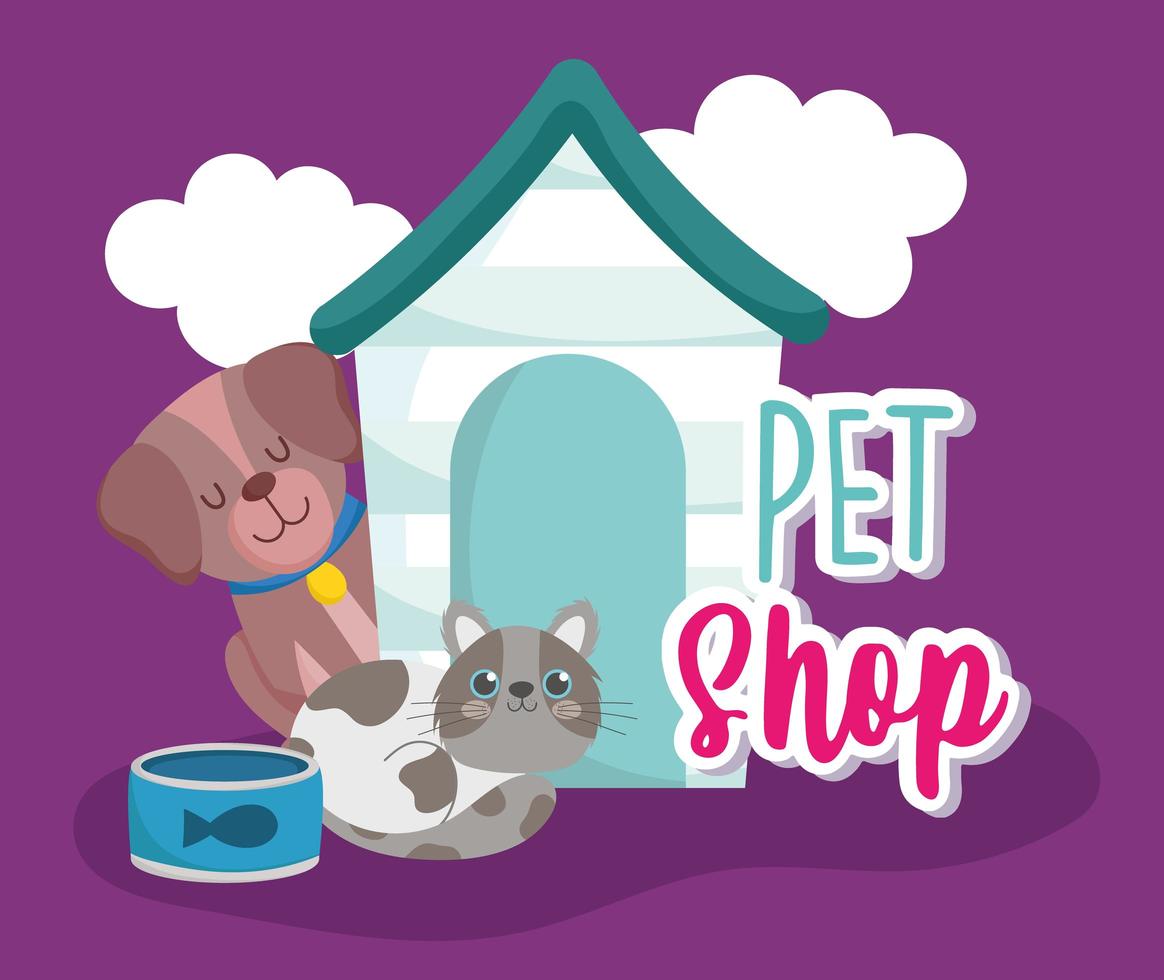 pet shop cachorro fofo comida de gato e desenho de casa vetor