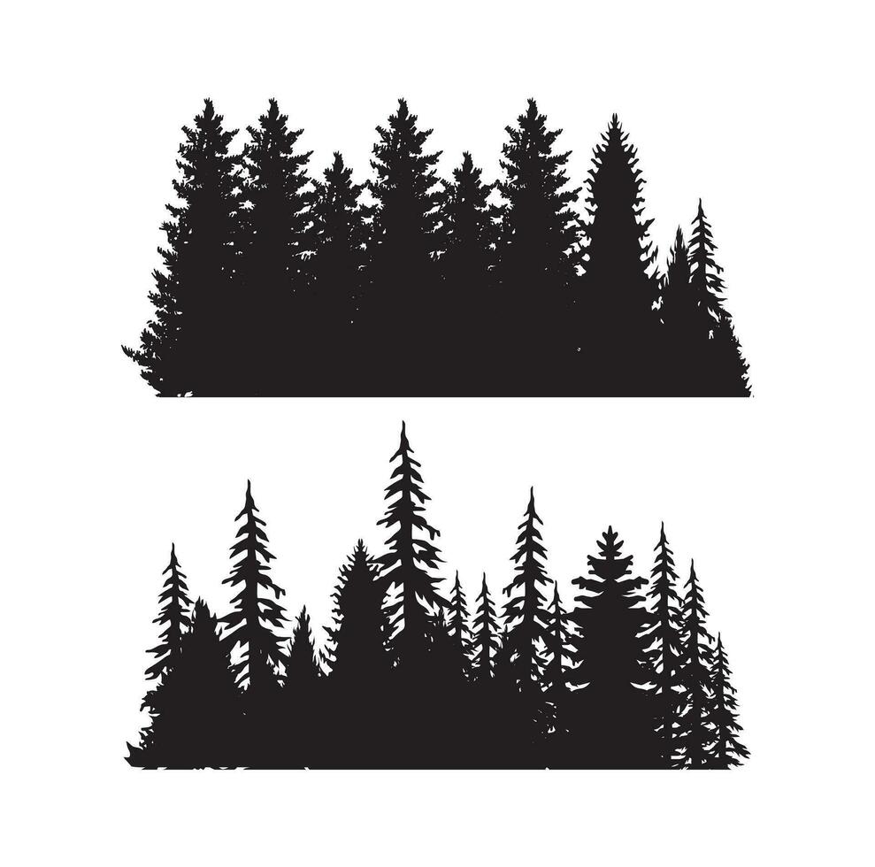 árvores vintage e silhuetas de floresta em ilustração vetorial de estilo monocromático vetor
