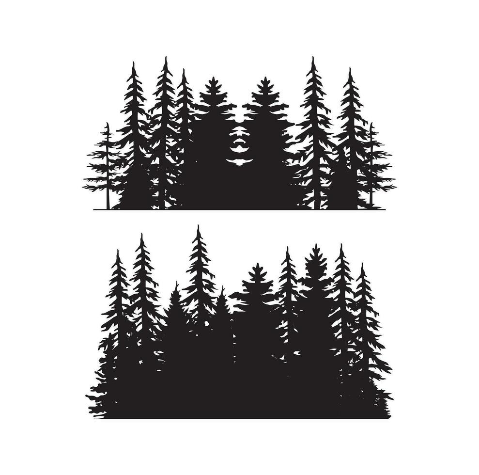árvores vintage e silhuetas de floresta em ilustração vetorial de estilo monocromático vetor