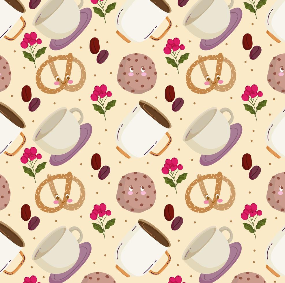 padrão de comida feliz desenho animado pretzel bonito xícara de café cookies vetor